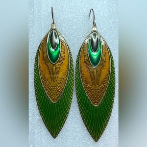 Peacock Feather Design Lightweight Artisan Metal Earrings